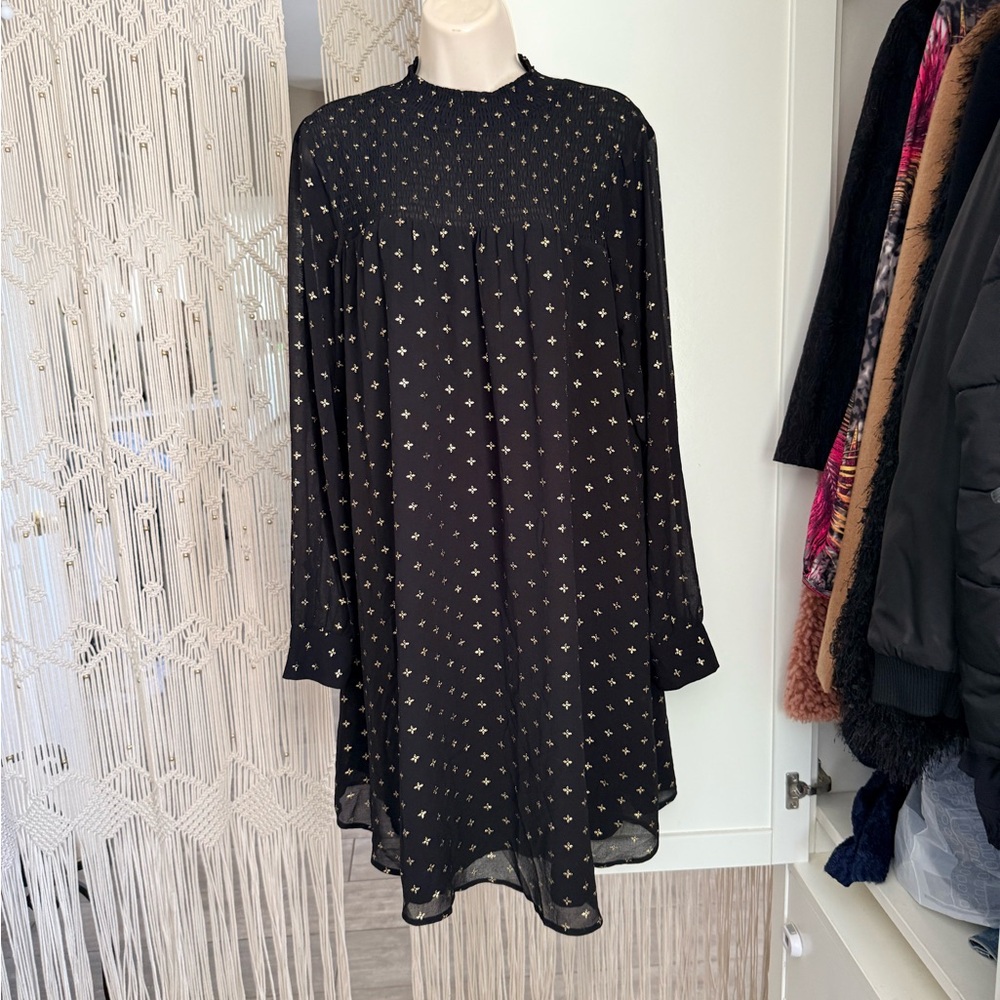 Zara Black Long-Sleeve Midi Dress with Gold Star Motif